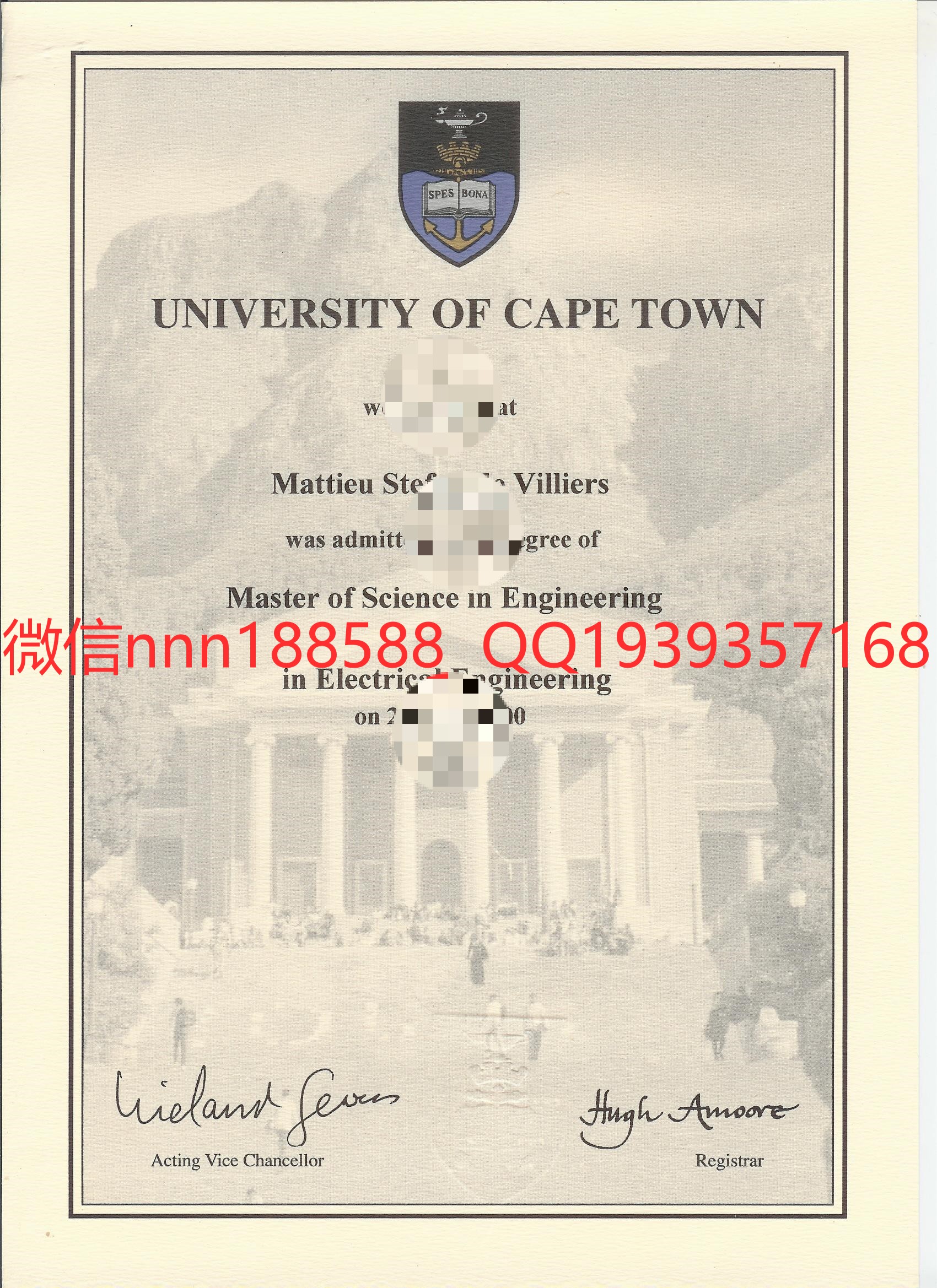 开普顿大学毕业证样本 University of Cape Town学位证样式