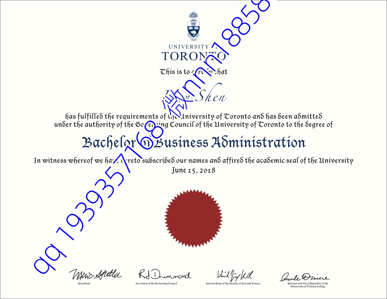 Diploma from the University of Toronto, Canada